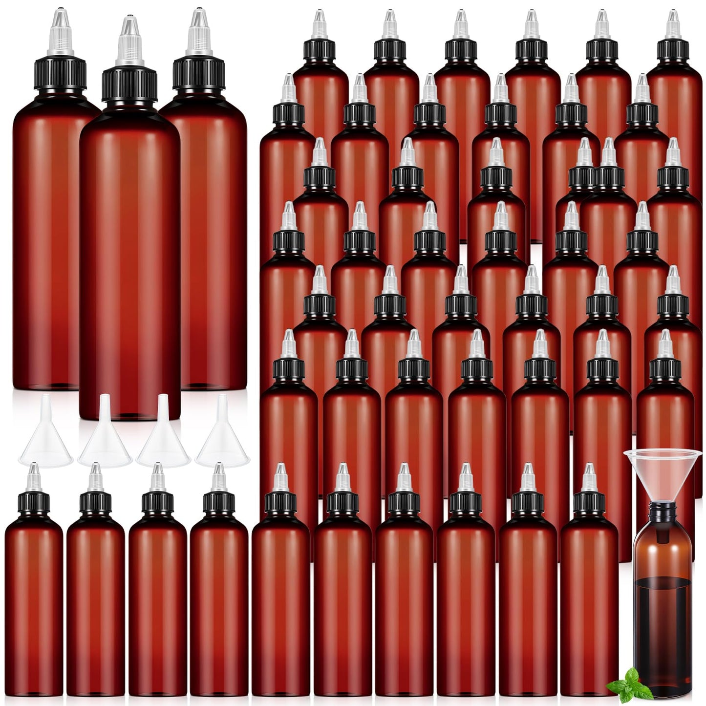 Barydat 50 Pcs 8 oz Squeeze Bottle Twist Top Applicator Bottles Empty Hair Oil Bottle with Funnels Refillable Amber Plastic Bott