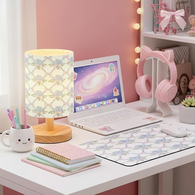 VIHOSE Blue Hydrangea Kids Table Lamp for Bedroom Kids Bedside Lamp with Linen Wooden Nightstand Cartoon Nursery Lampshade for Girls Boys Living Room