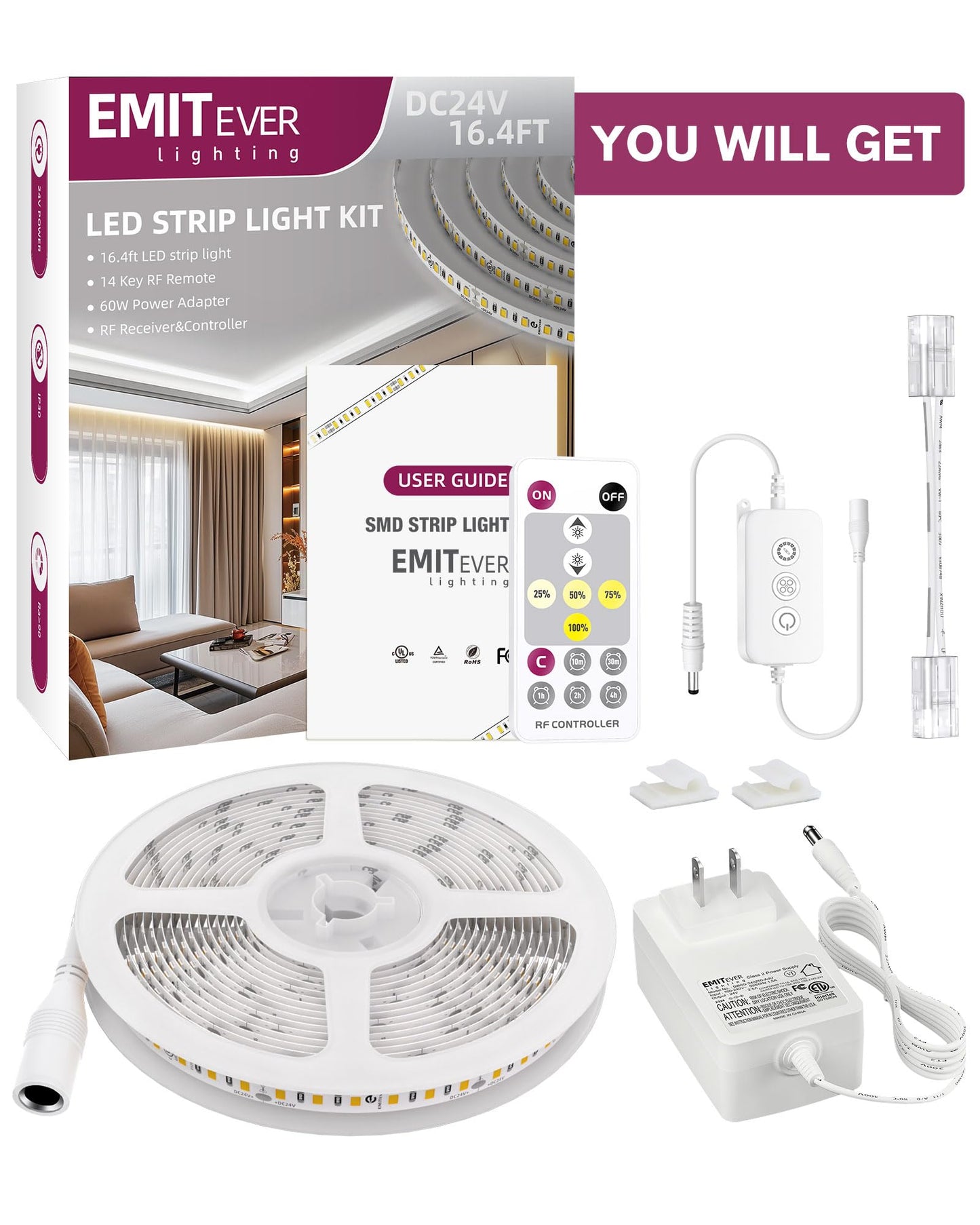 Emitever Led Strip Lights Kit Warm White With Remote & 24V Power Supply 16.4Ft Dimmable Tape Light 2700K  High Density 600Leds  240+Lm/Ft  Cri95+  Suitable For Bedroom Kitchen Under Cabinet Lighting