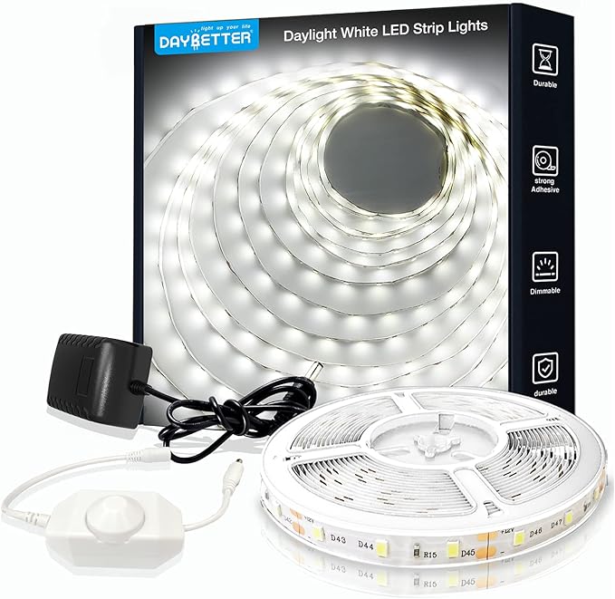 DAYBETTER White LED Strip Light, 20 ft Dimmable Bright Rope Lighting, 6500K 24V Strips, 360 LEDs 2835 Tape Lights for Bedr...
