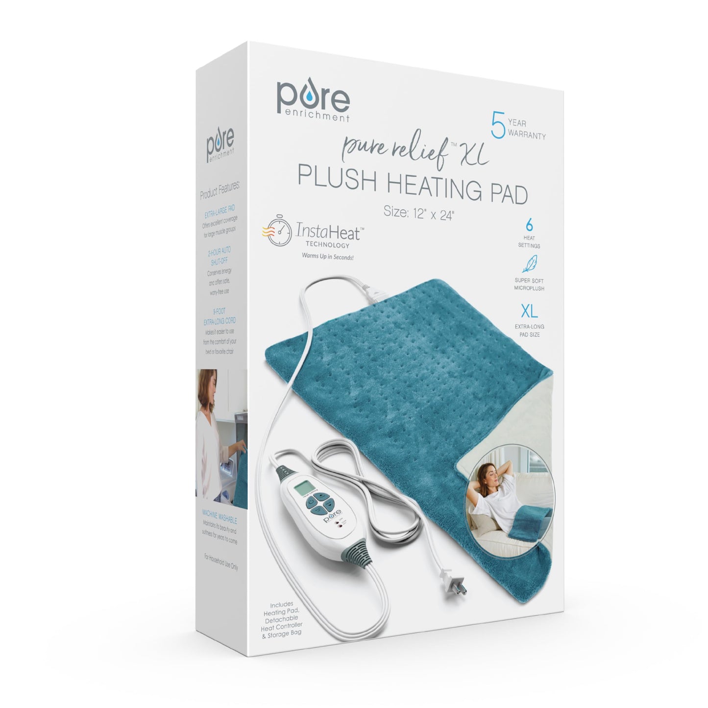 Pure Enrichment® PureRelief XL Heating Pad - 12" x 24" Electric Heating Pad for Back Pain & Cramps, 6 Heat Settings, Soft Machine Wash Fabric, Auto-Off & Moist Heat (Blue)