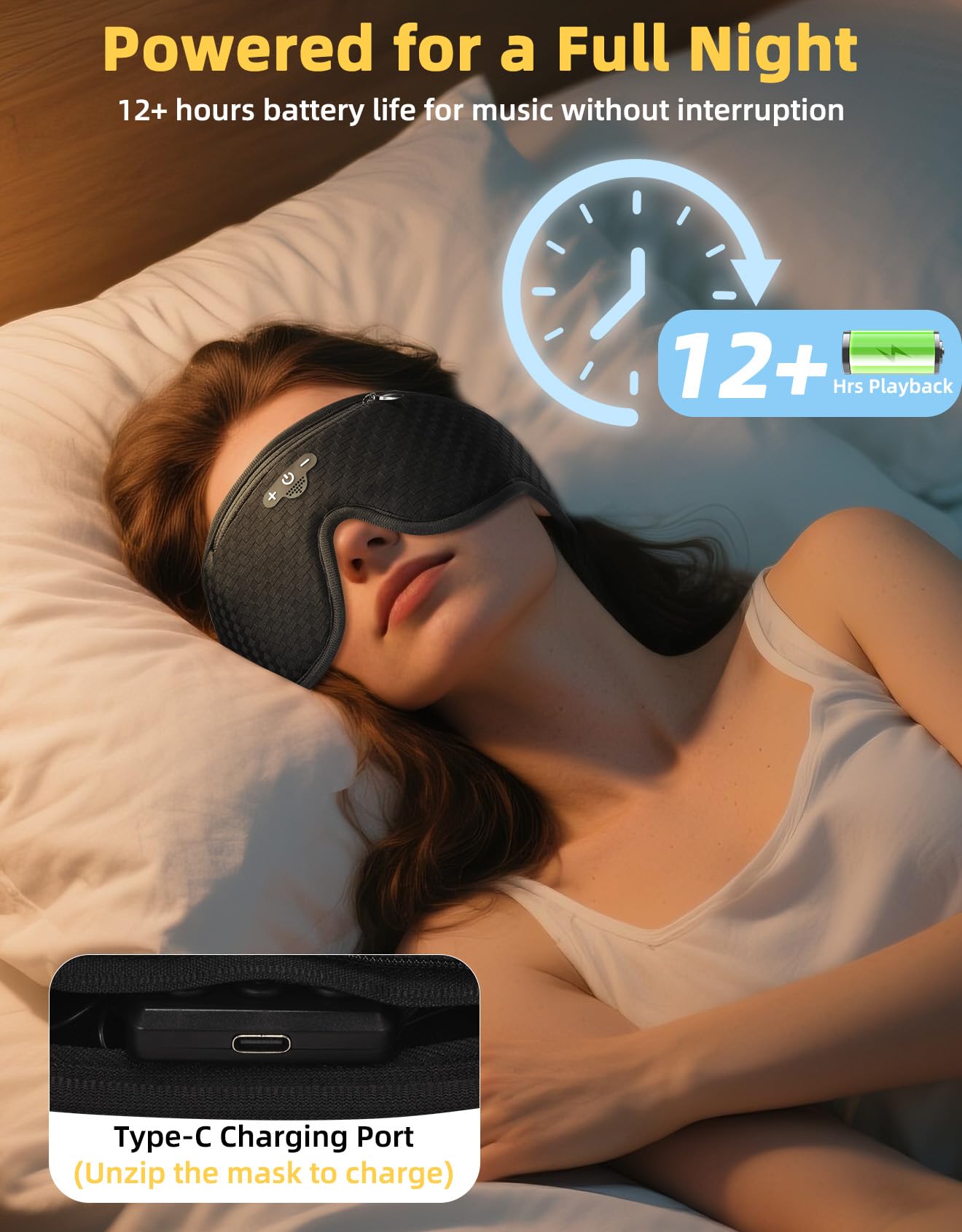 BULYPAZY 3D Contoured Sleep Mask with Bluetooth Headphones, Adjustable Blackout Sleeping Mask, 1-Hour Timer Sleeping Headphones with Thin Stereo Speakers for Men, Women, Gift - Black