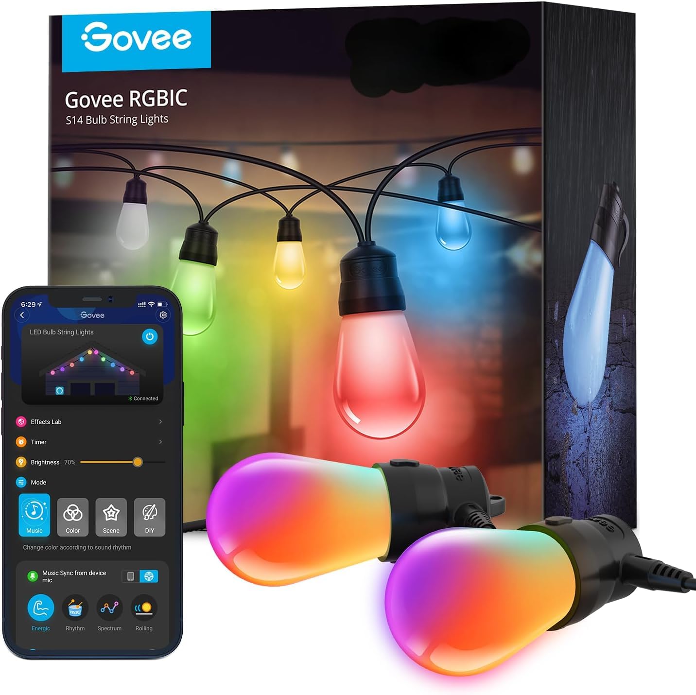 Govee Smart Outdoor String Lights H7015, 48ft, RGBIC, 15 Dimmable LED Bulbs, IP65 Waterproof, Black/Clear