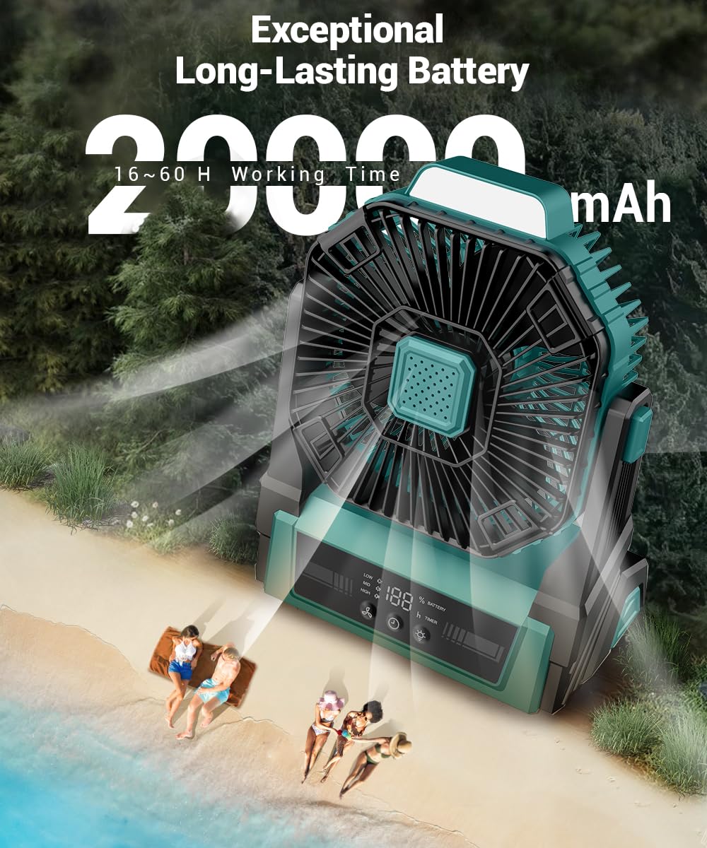 Kopbeau Portable Camping Fan With Lights, 20000Mah Rechargeable Battery Operated Fan, Battery Powered Outdoor Beach Tent With 3