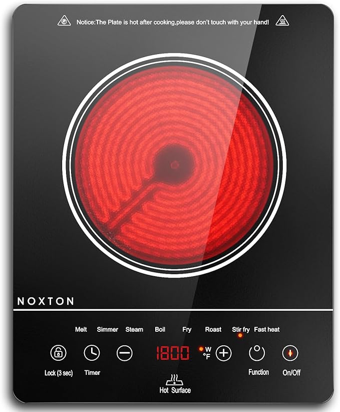 Noxton Portable Electric Stove 110V, 1800W Single Burner Electric Cooktop, Countertop Burner Electri Hot Plate, 4 Hour Timer, 9 Power Level, Child Safety Lock, Compatible with All Cookware(Black)