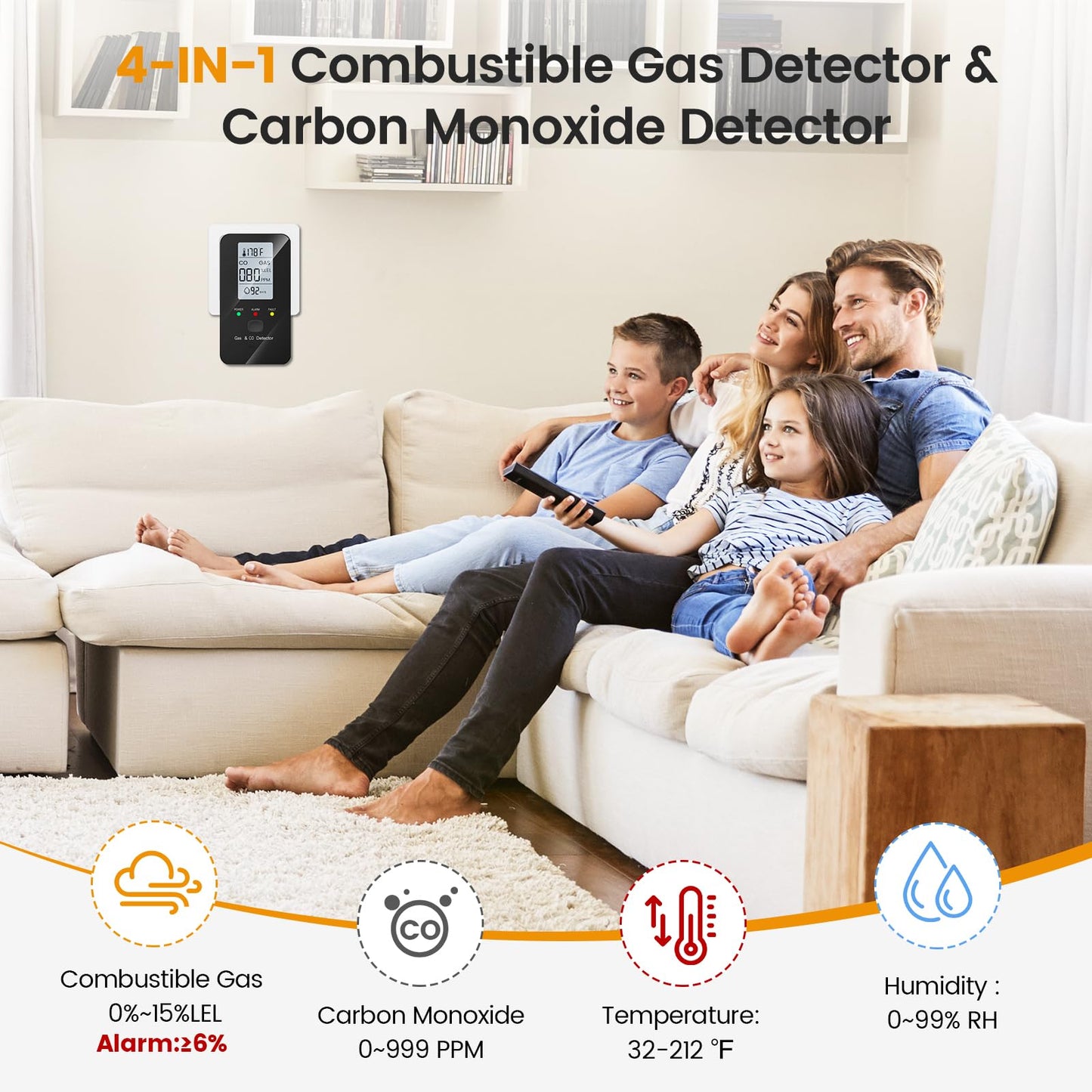 Nuleto 4-in-1 Carbon Monoxide Detectors & Combustible Gas Detector,Carbon Monoxide Detectors Plug in,Natural Gas Leak Detector with Temperature,Humidity to Ensure Home,Hotel,RV Safety,1 Pack,Black