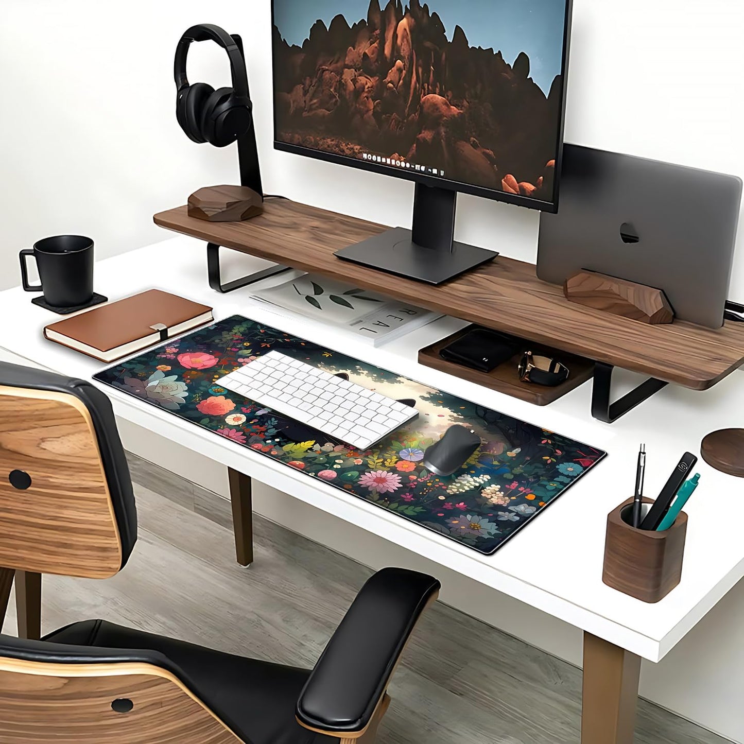 Black Cat Gaming Mouse Pad Colorful Flower Large Desk Mat, 31.5x11.8 Inch Mousepad Extended Non-Slip Rubber Base Keyboard Mat with Stitched Edges for Desk Home Office