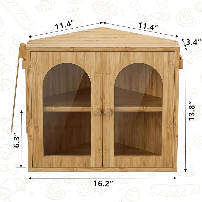 WOWLIVE Corner Bread Box for Kitchen Countertop, 2 Tier Bamboo Bread Storage Container for Homemade Bread with Clear Acrylic Door Panel, Large Bread Bin Farmhouse Breadbox Organizer (Natural, Medium)