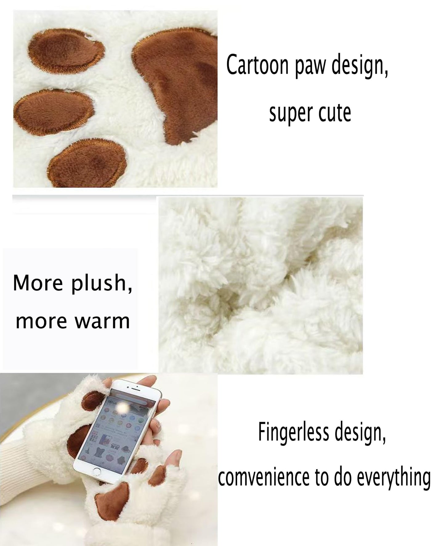 Vewzaty 2 pairs Cat Claw Bear Kawaii Paw Fingerless Winter Plush Gloves Cosplay Faux Fur Plush Cat Gloves for Girls Women (coffee and beige)