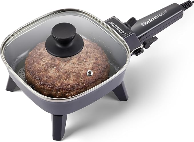 Elite Gourmet EFS059 Personal Electric Skillet, 7” Compact Portable Cooker, Adjustable Temperature, 600W Rapid Heating, Nonstick Surface, Tempered Glass Lid, Removable Handle, Black