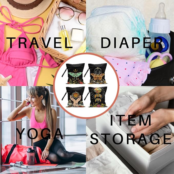 4Pack Witchy Gifts Boho Wet Bag Waterproof Reusable Wet Dry Bag for Swimsuit Diaper Sun Moon Star Butterfly Floral Travel Yoga Toiletries Gift for Women Mom Birthday Christmas Halloween