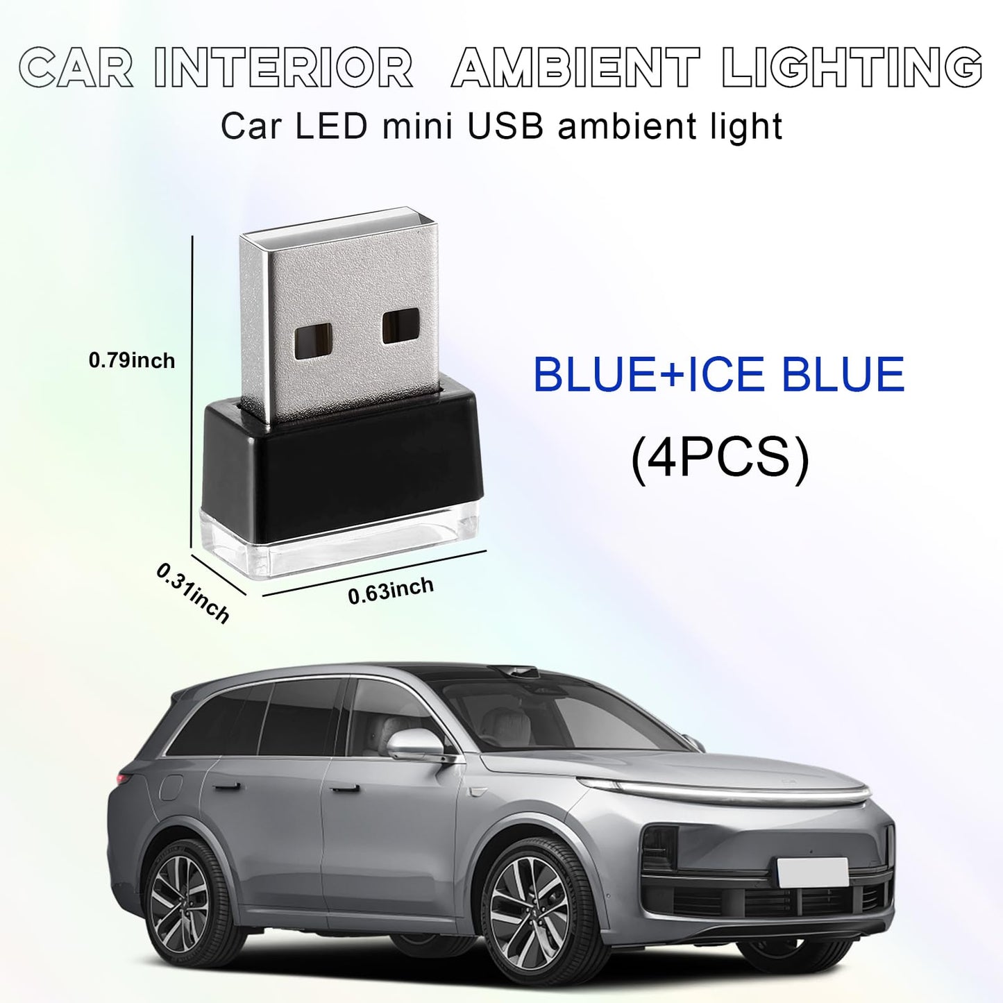 Sylvil 4 Pcs Usb Led Car Interior Atmosphere Lamp  Portable Mini Led Night Light  Plug-In Usb Interface Trunk Ambient Lighting Kit  Universal Interior Car Accessories (2 Blue+2 Ice Blue)