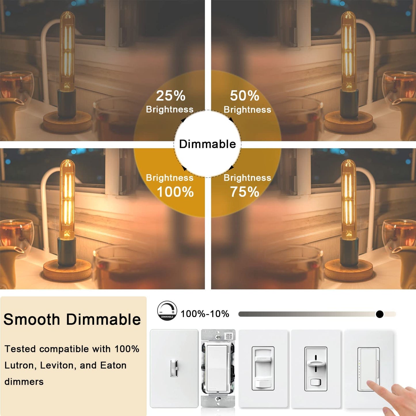 NOVELUX E26 LED Bulb 60W Dimmable T10 7.3 Inch Glass Warm White 3000K 6 Pack