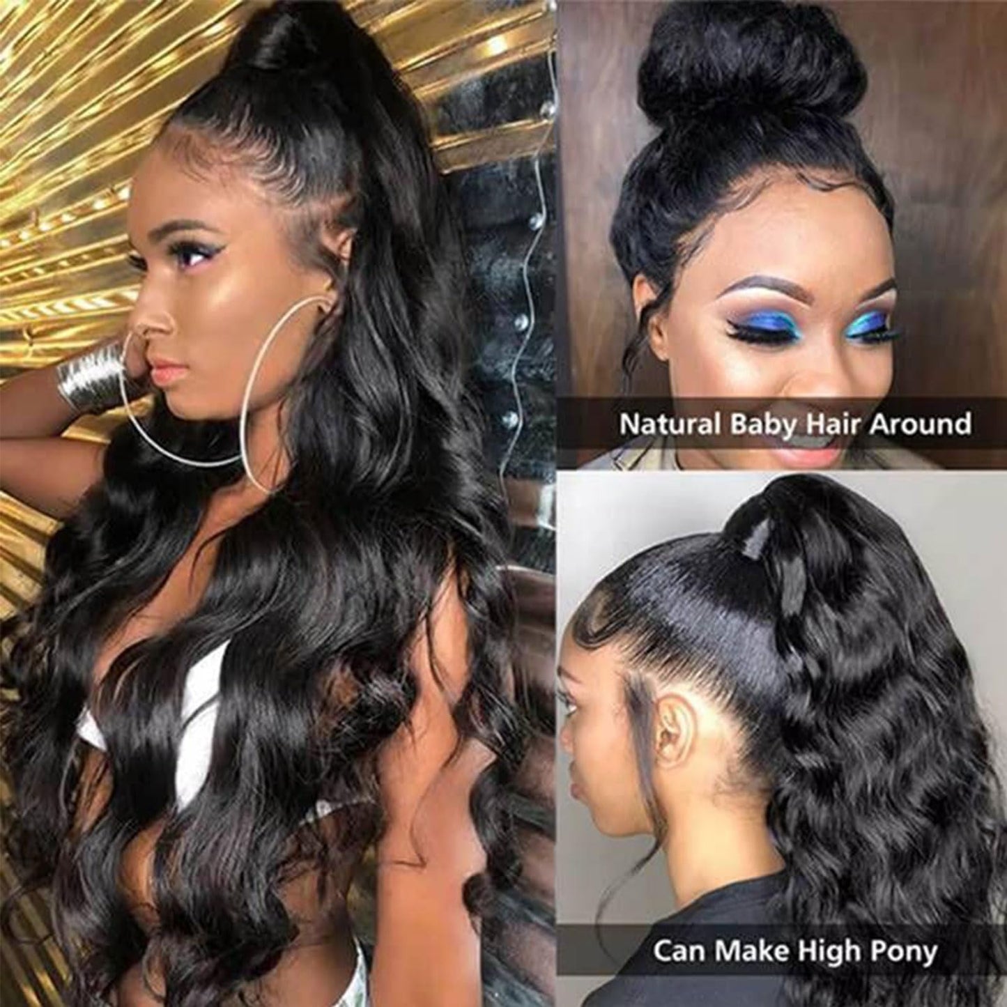 DSEKCAIN 360 Lace Frontal Human Hair Body Wave Closure - HD Transparent With Baby Hair, 150% Density Raw Virgin Natural Black 1B