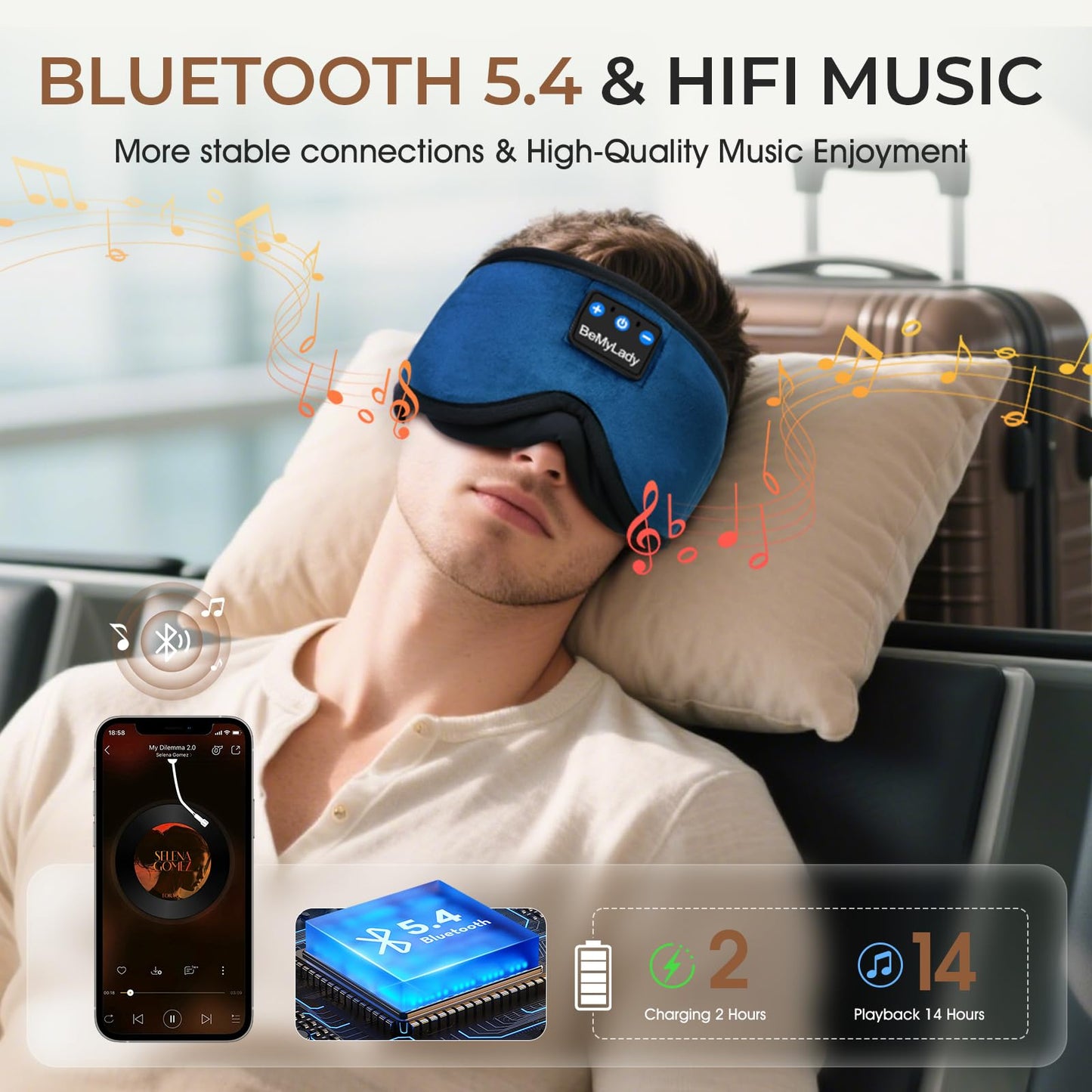 BeMyLady Sleep mask Headphones,100% Blackout 3D Zero Eye Pressure Bluetooth Sleep mask Breathable Eye mask with Bluetooth Headphones Sleep Headphones for Side Sleepers, 14H Playtime&Bluetooth 5.4 Blue