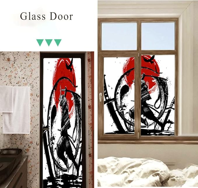 Japanese Samurai Decorative Window Film Watercolor Ink Samurai Sword Red Sun Printdining Room Window Film,Dorm Room Glass Film 35.4Wx78.7L-Inch X2Pcs