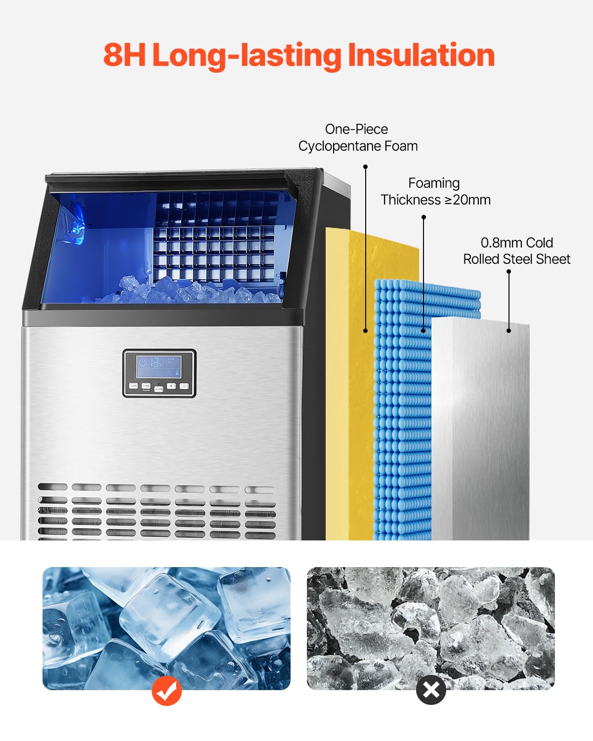 Vevor 100Lbs/24H Commercial Ice Maker Machine With Drain Pump, 33Lbs Storage Capacity Ice Maker, 45 Ice Cubes In 15 Minutes, Led