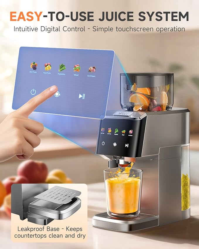 VCK Cold Press Juicer - Large 5.12" Feed Chute, Easy to Clean, Slow Masticating for Nutrient Retention, Quiet 250W Motor, High Juice Yield, Leakproof - Sliver