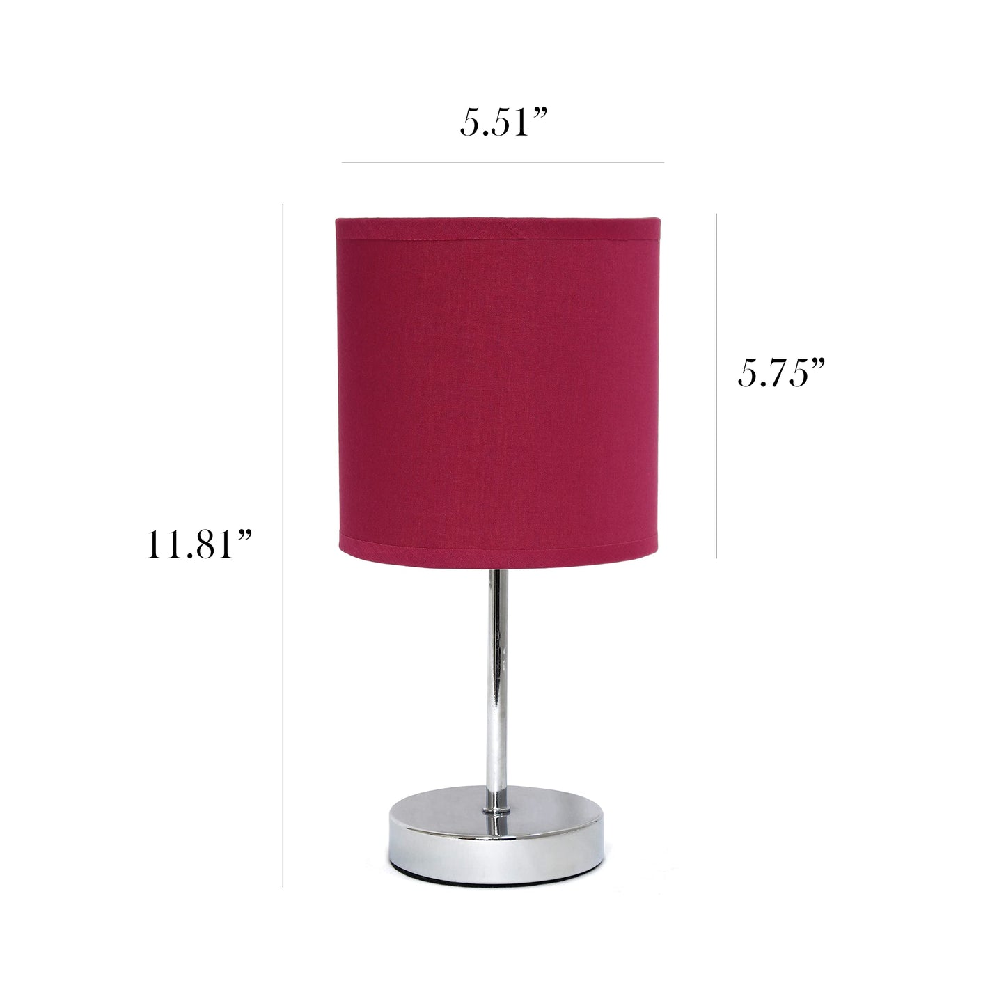 Simple Designs Chrome Mini Basic Table Lamp 2 Pack, Fabric Shade, Wine Red, Model LT2007-WNE-2PK, No Bulb