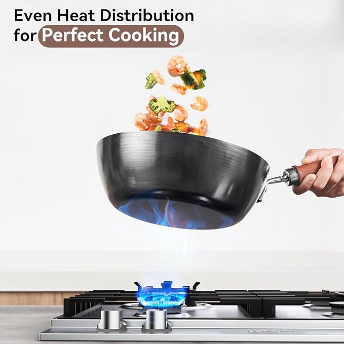 WANGYUANJI 10.24 Inch Iron Wok with Glass Lid, Flat Bottom Uncoated Wrought Iron Stir-Fry Pan, Deep Lightweight Wok Skillet with Wooden Handle for Gas, Electric & Induction Cooktops
