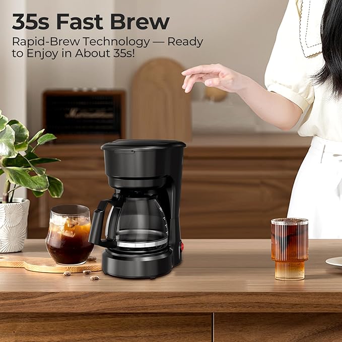 5-Cup Programmable Coffee Maker, Small Drip Coffee Machine with Food-grade Glass Carafe Coffee Pot, Always Keep Warm with Switch, Delay Brew, 25oz Water Reservoir, Compact for Home/Office/RV/Dorm