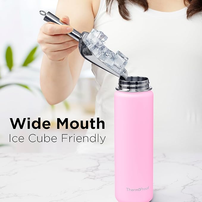 ThermoProof Hot & Cold Insulated Stainless Steel Water Bottle, Durable Leak Proof Gym Bottles for Men, Women & Kids, Double Walled Vacuum Bottles - 2 Lids (Pink, 22oz)