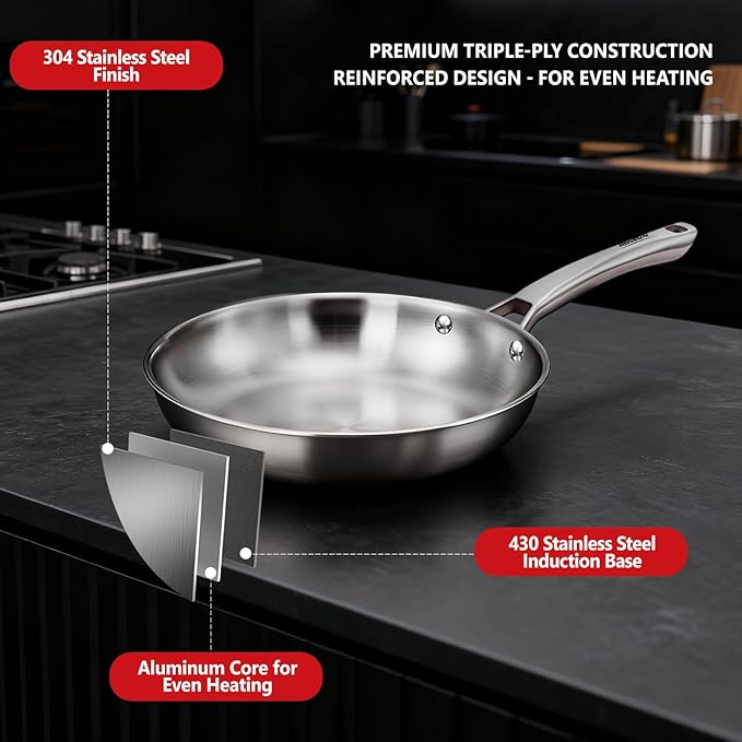 ROVSUN 8-10-12 Inch Stainless Steel Cookware Set, Tri-Ply Skillets Set with Lids, Full Clad Stainless Steel Chef's Pan, PFOA & PTFE Free Skillets, Compatible for All Cooktops, Dishwasher & Oven Safe