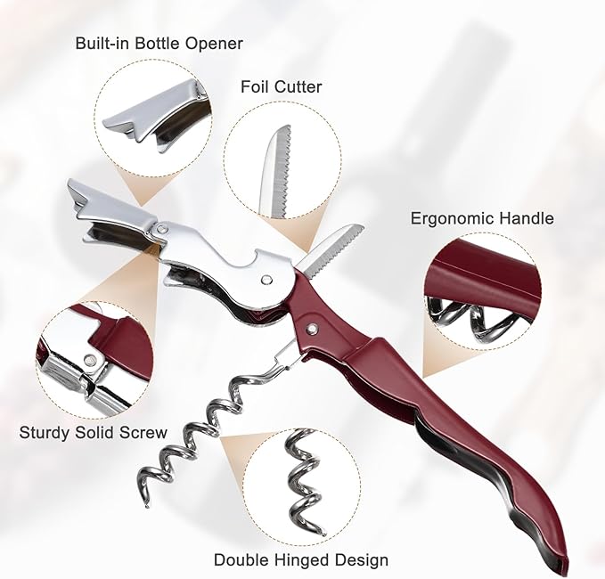 uxcell 2 Pcs 4.8" Stainless Steel Wine Opener, Waiter Corkscrew Professional Wine Key Bottle Opener with Double Hinged Foil Cutter for Bar Servers Waiter Bartender and Home, Burgundy