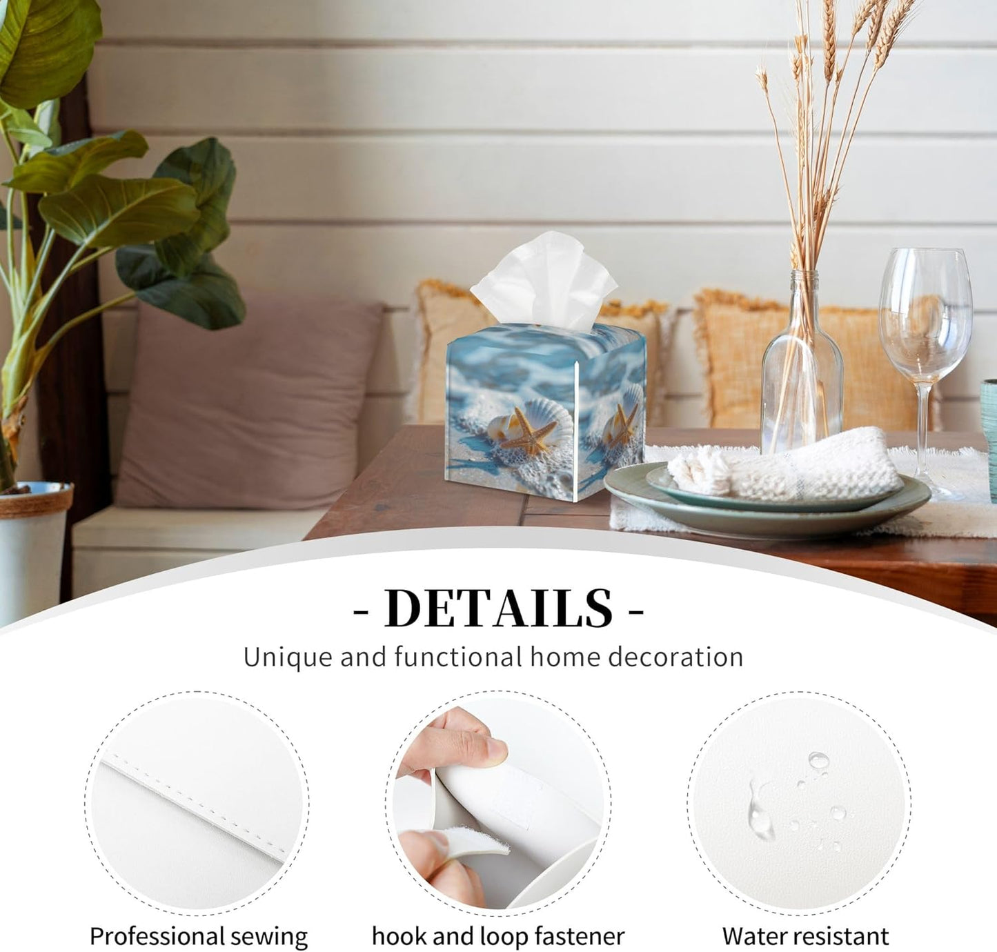 Shells Starfish on Beach Tissue Box Cover Square,Summer Ocean Shells Starfish Tissue Box Holder Waterproof Leather Facial Paper Organizer Dispenser for Bathroom Home Car Nightstand Vanity Desk