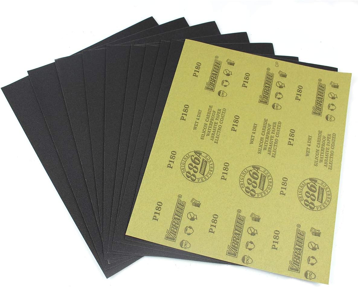 Sandpaper Sheets, 180 Grit Dry Wet Sand Paper, 9 x 11 Inch, Silicon Carbide, for Wood Furniture Finishing, Metal Sanding and Automotive Polishing, 10 -Sheet