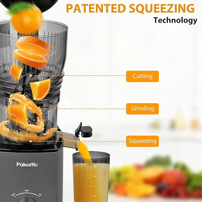 Pukomc Cold Press Juicer,5.8" Wide Feed Chute Juice Extractor Machine with 300W,Slow Masticating Juicer for Whole Vegetables & Fruits,High Juice Yield,Easy to Clean,Grey