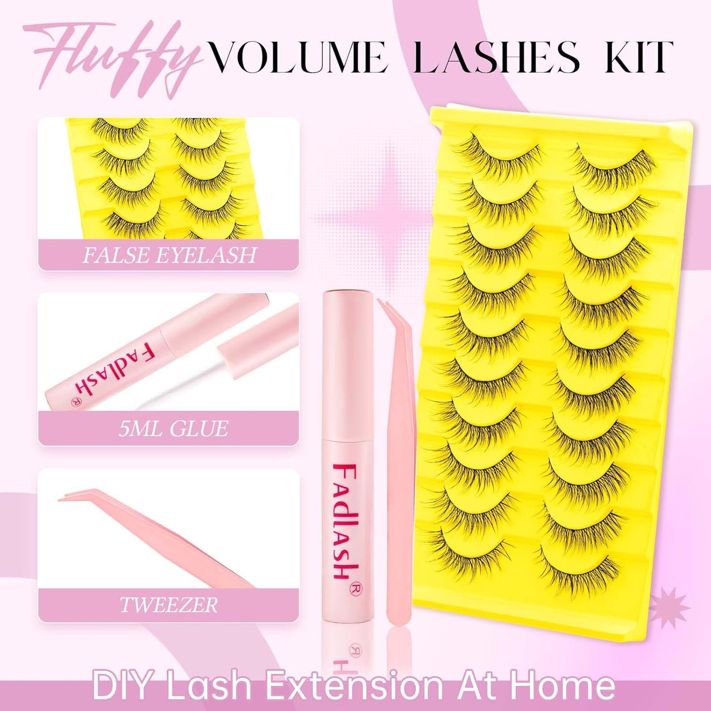 False Eyelashes Natural Kit Cat Eye Lashes with Thin Band Wear Comfortable Black Fake Lashes 10 Pairs Lash Applicator Tool at Home by FADLASH, BY004