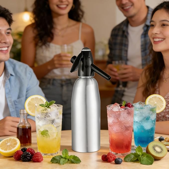 1L Portable Soda Siphon – Aluminum Home Soda Maker, Silver Vintage Seltzer Bottle for DIY Carbonated Drinks, Sparkling Water Maker for Healthy Cocktails, Use 8 gram CO2 Cartridges (Not Included)