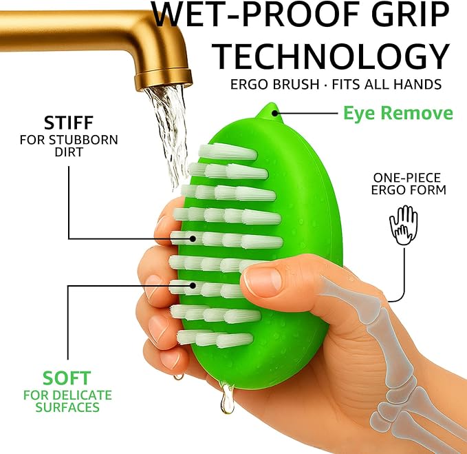 Vegetable Brush – Dual Bristles Veggie Brush & Non-Slip Grip Potato Scrubber for Root Vegetables Fruit and Vegetable Brush • Your Kitchen Essential (Green 2-Pack)