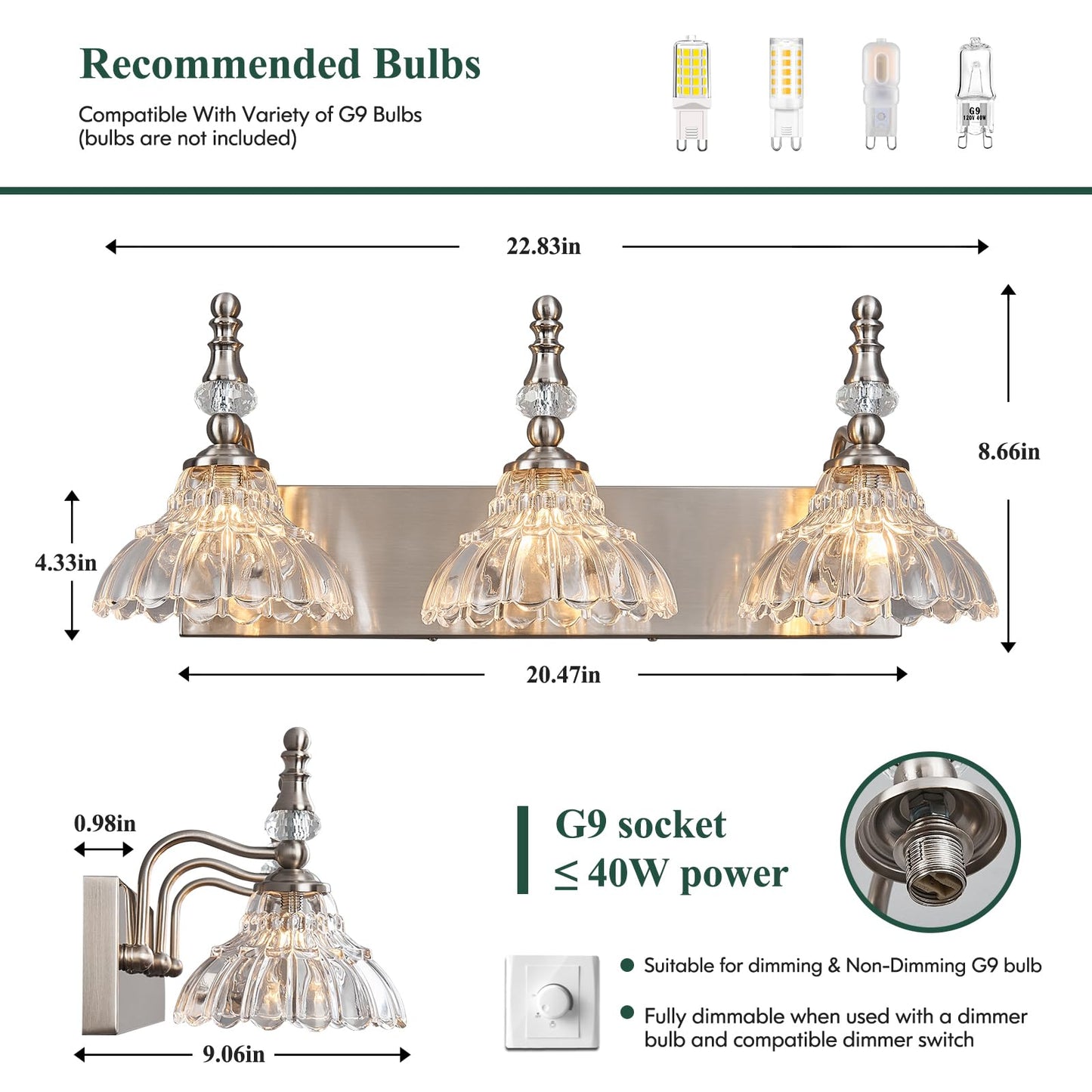 Lbsqj Vintage Bathroom Vanity Light  3-Light Brushed Nickel Vanity Lighting Fixture With Flower Glass Shade  Bathroom Lighting Fixtures Over Mirror