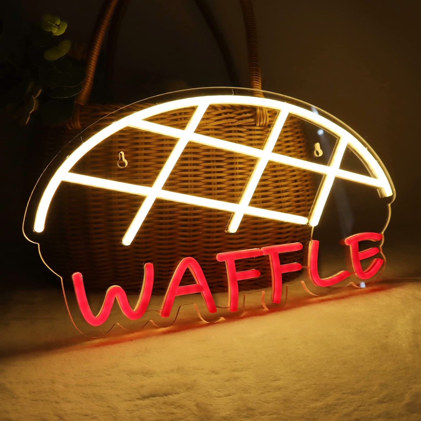JFLLamp Neon Wall Sign for Bedroom, 16.2x9 Inch, Warm White & Red, Model NS-Waffle-001, Plastic Material, Waffle Color