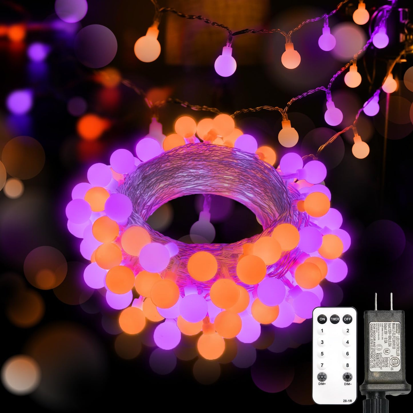 Suddus Halloween Lights Indoor With Remote  33Ft 100 Led Purple And Orange Globe String Lights  Fairy Lights Plug In With 8 Lighting Modes For Bedroom  Home  Office  Halloween Decorations