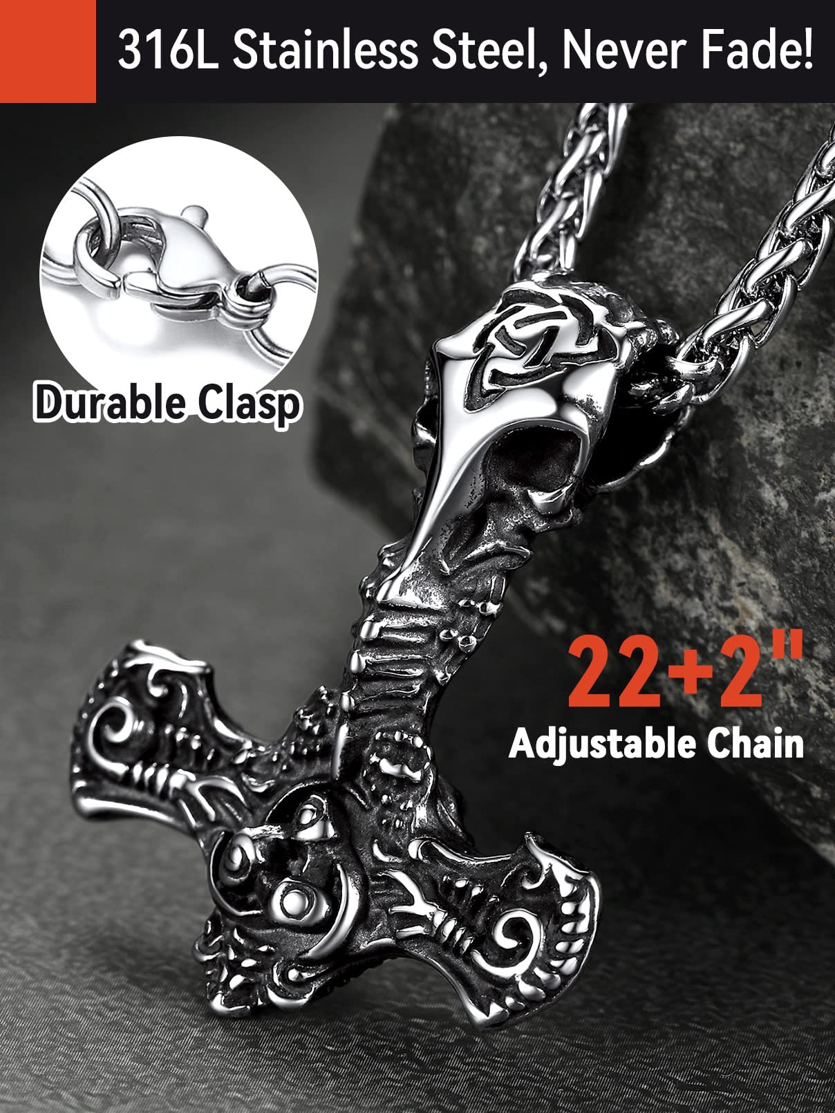 Viking Pendant Necklace, Thor's Hammer Necklaces for Men Stainless Steel Mjolnir Pendant Wheat Chain