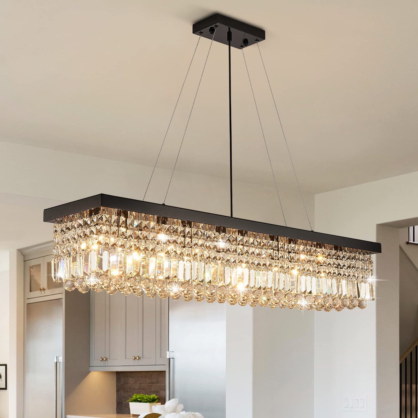7Pm K9 Crystal Chandelier - Modern Rectangular Pendant Light, Black, L47Xw10Xh10, Stainless Steel, Model Cl010843
