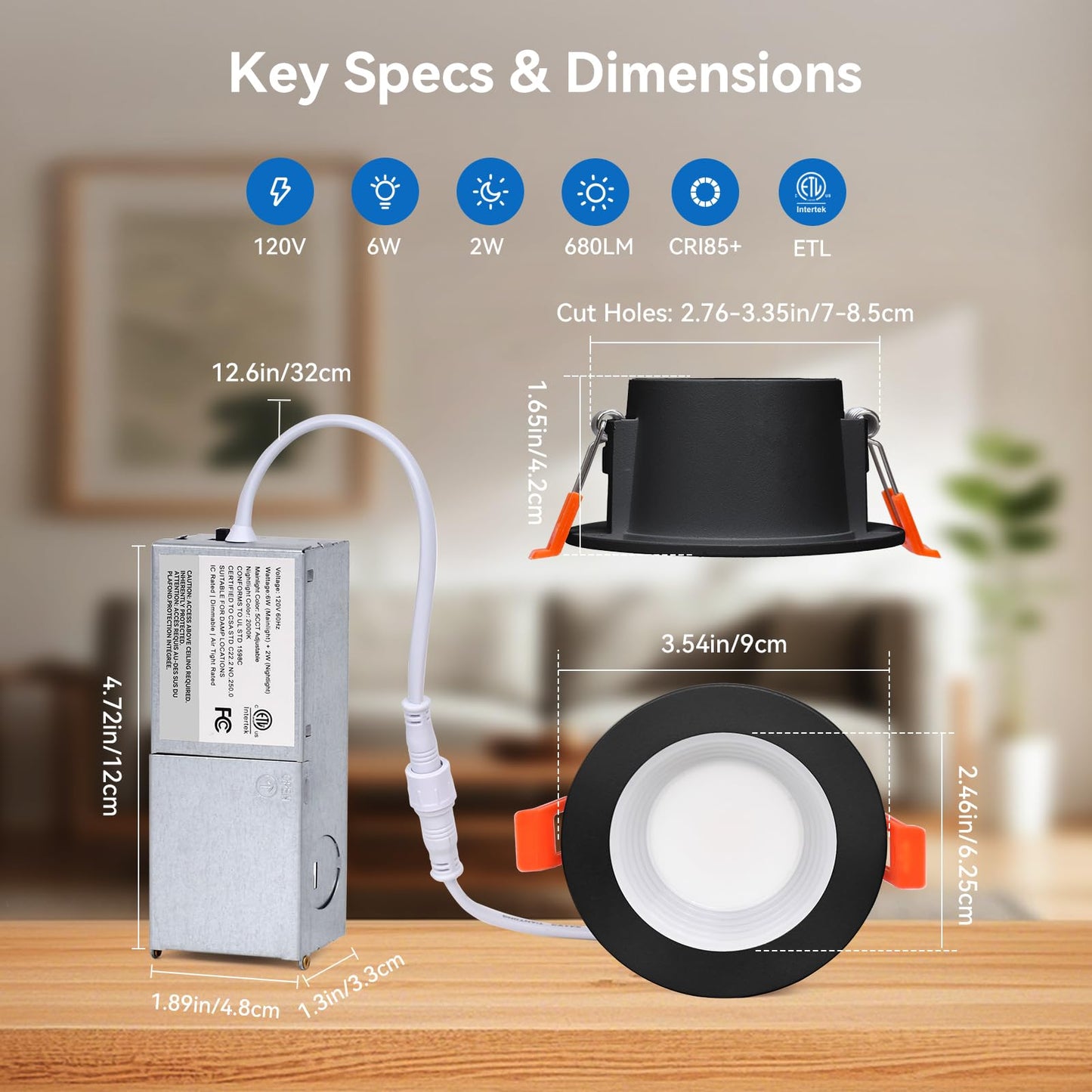 Cycevsun Black 3 Inch Led Recessed Lights Switchable Night Light & Main Light  5 Color Temperatures 2700K-5000K  Dimmable Canless Wafer Light Downlight For Cozy Home Lighting  6W/2W  Etl  24 Pack