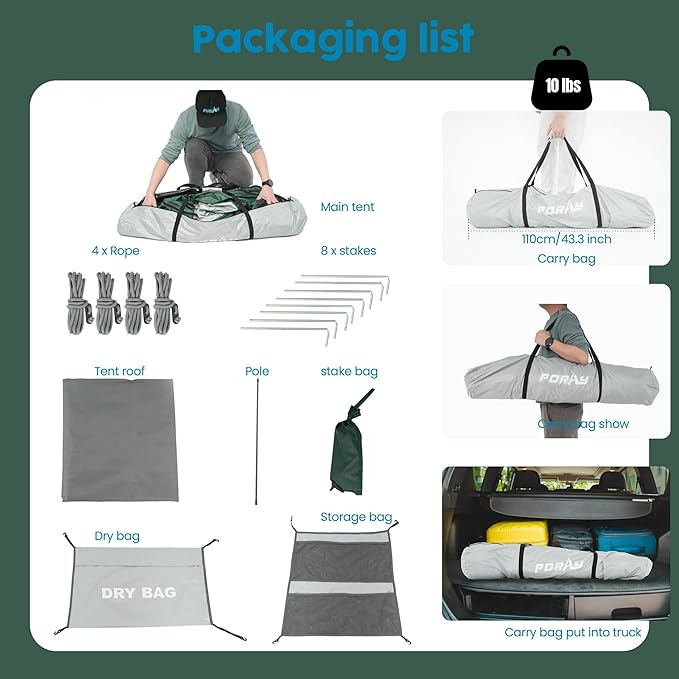 Camping Shower Tent Deluxe Changing Room Easy Set Up Privacy Shelter,Large Toilet Tent 2 Rooms with Floor Drain Design for Beach, Camping,Hiking with Stakes and Ropes for Stability