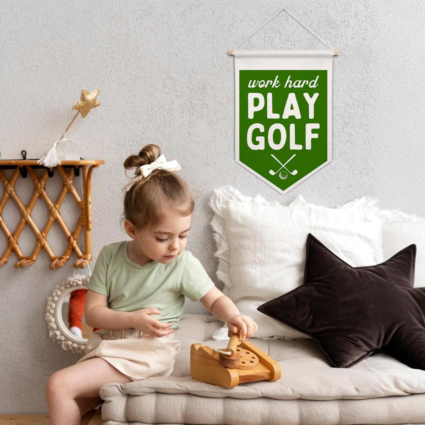 ArtisaEura Funny Golf Office Wall Canvas Banners, Gifts for Father's Day, Golfers Gifts for Men Hanging Display Pennant Banner Flags, Work Hard Play Golf Green Wall Decor for Office Workplace