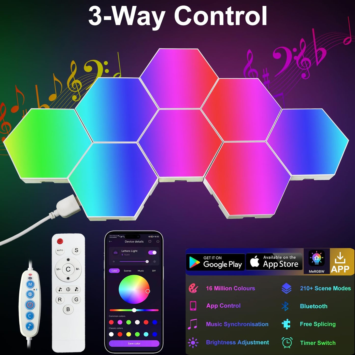 Zwzasm RGB Hexagon Wall Lights, 8 Pack Smart LED Panel Lights with App & Remote, Music Sync, DIY Shapes for Living Room, Bedroom, Gaming Room