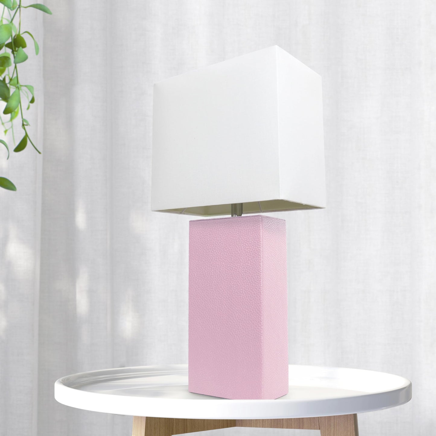 LALIA HOME Bedside Table Lamp, 21in Modern Design, Blush Pink Leather Base, White Fabric Shade, Model LHT-3008