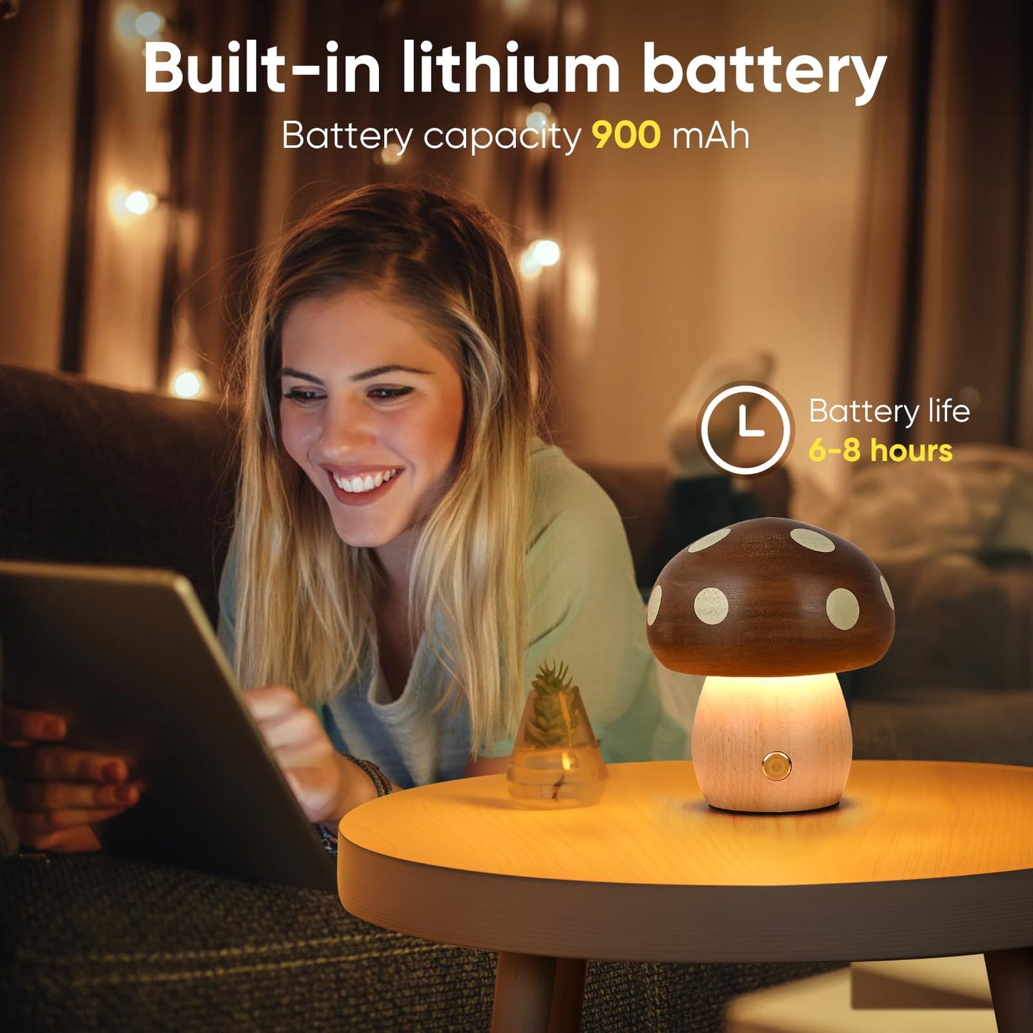 Moroommt Wood Mushroom Lamp  Rechargeable Small Bedside Lamp  Touch Mushroom Night Light Small Lamp For Nightstand  Portable Battery Operated Lights For Bedroom Kids Birthday Gifts