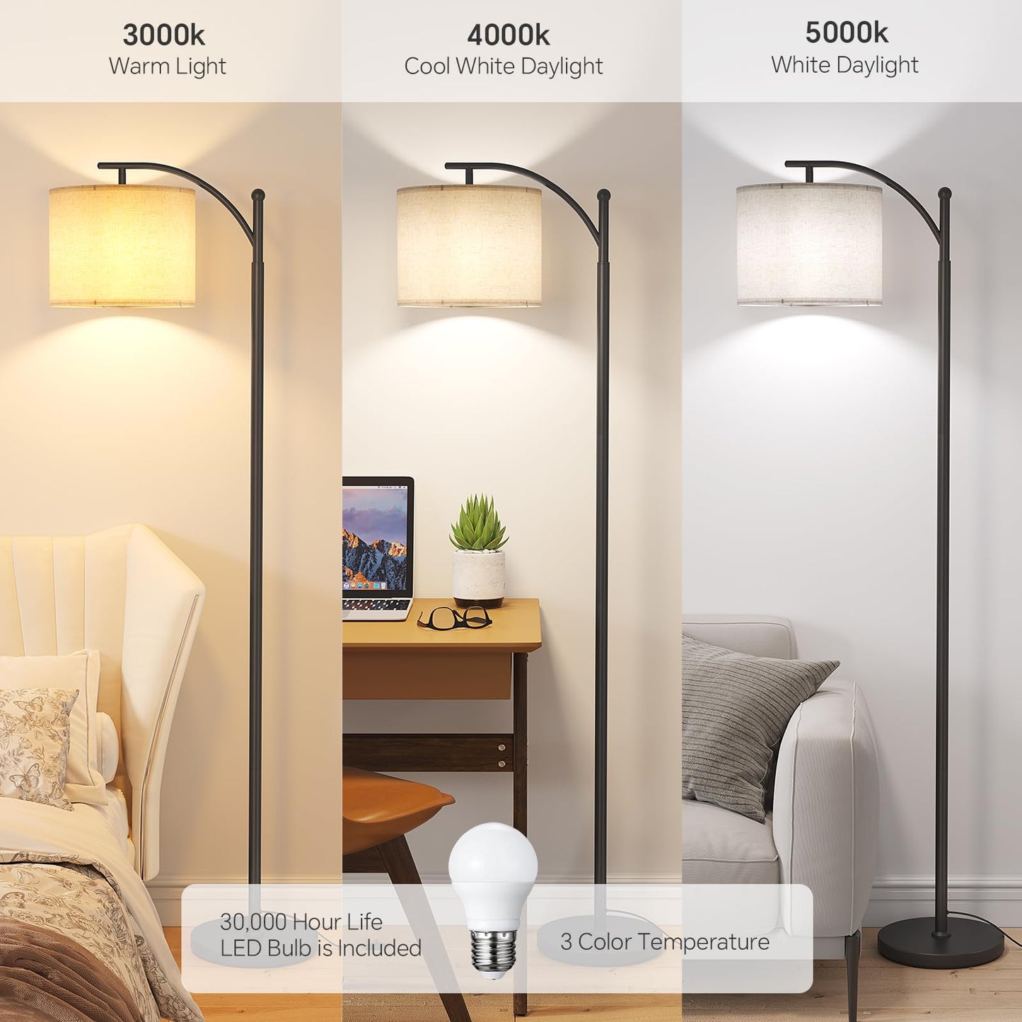 SUNMORY Arc Floor Lamp, Modern Metal Lamp with 9W 3 Color Temperatures Bulb, Adjustable Shade, Black, Model MF18166A
