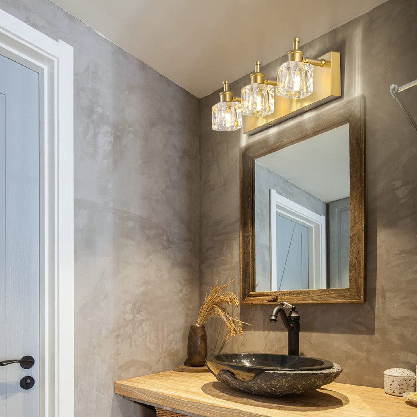 Presde 3-Light Bathroom Vanity Lights, Modern Crystal Gold Fixtures, Gloss Gold Finish, Excludes Bulbs