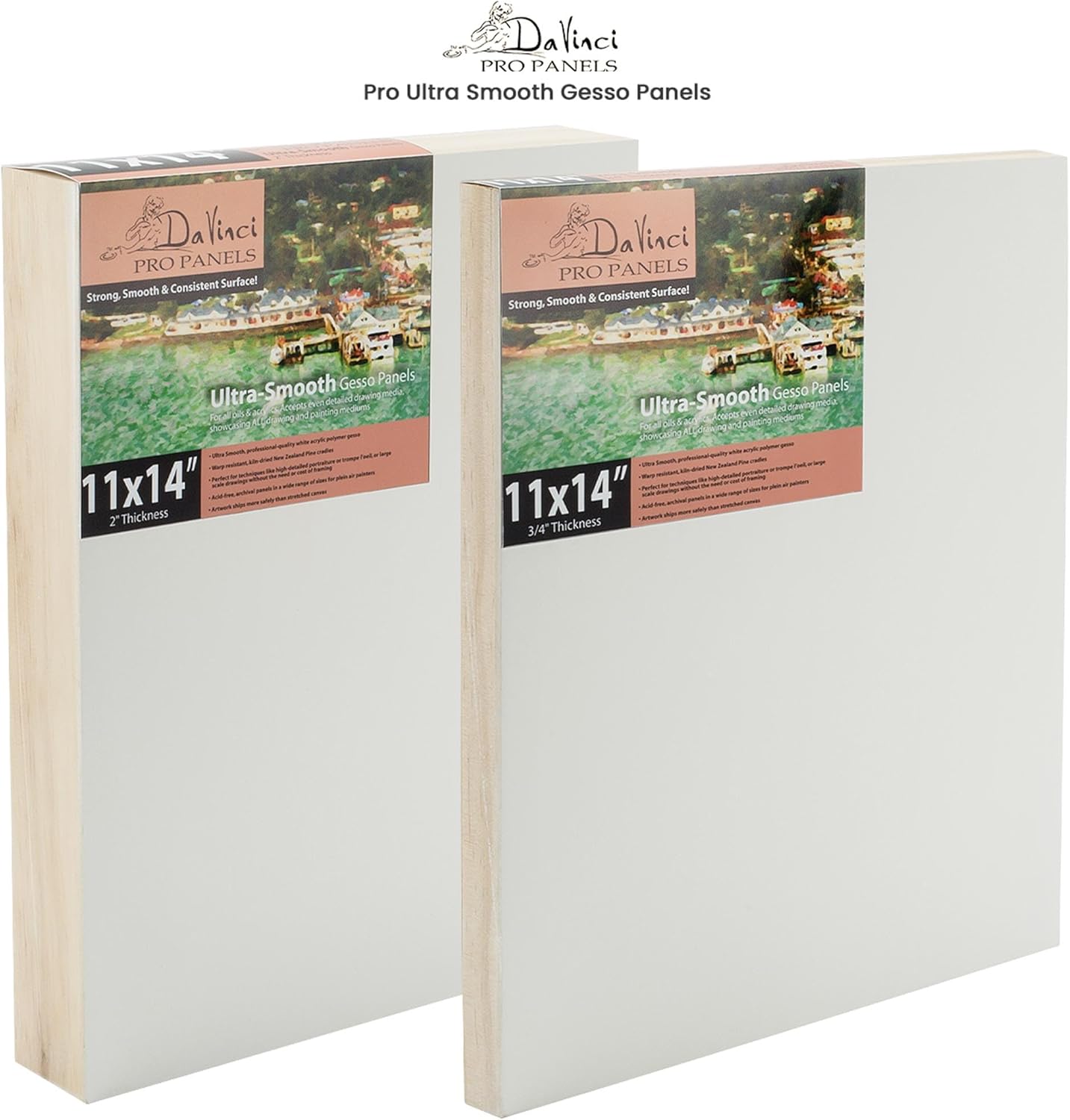 Da Vinci Pro Ultra Smooth Wood Canvas Gesso Board - 3/4" Deep, 14x18 Single White Acrylic Polymer Gesso Panels for Painting Fine Portraits and Ultra Fine Detail Illustrations and Artwork