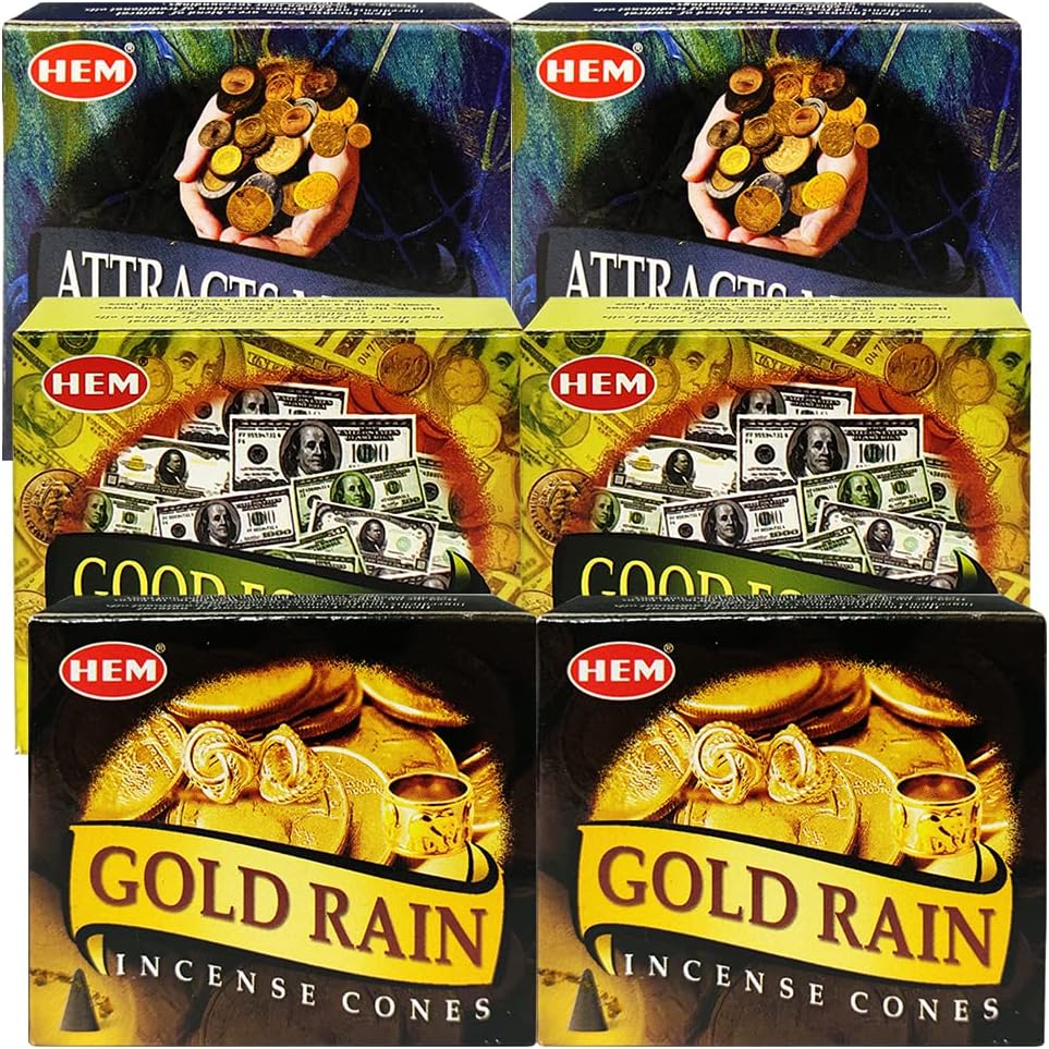 Attracts Money Good Fortune Gold Rain Incense Cones & Holder Bundle Variety Pack From Hem Trumiri Insense Insence