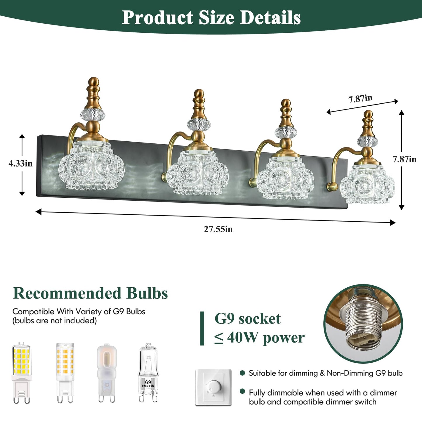 Lbsqj Bathroom Light Fixtures  Modern Glass Crystal Bathroom Vanity Light Vintage Bathroom Lighting Fixtures Over Mirror 4 Light Vanity Lights G9 Bulb (27.55 Inch  Black Gold)
